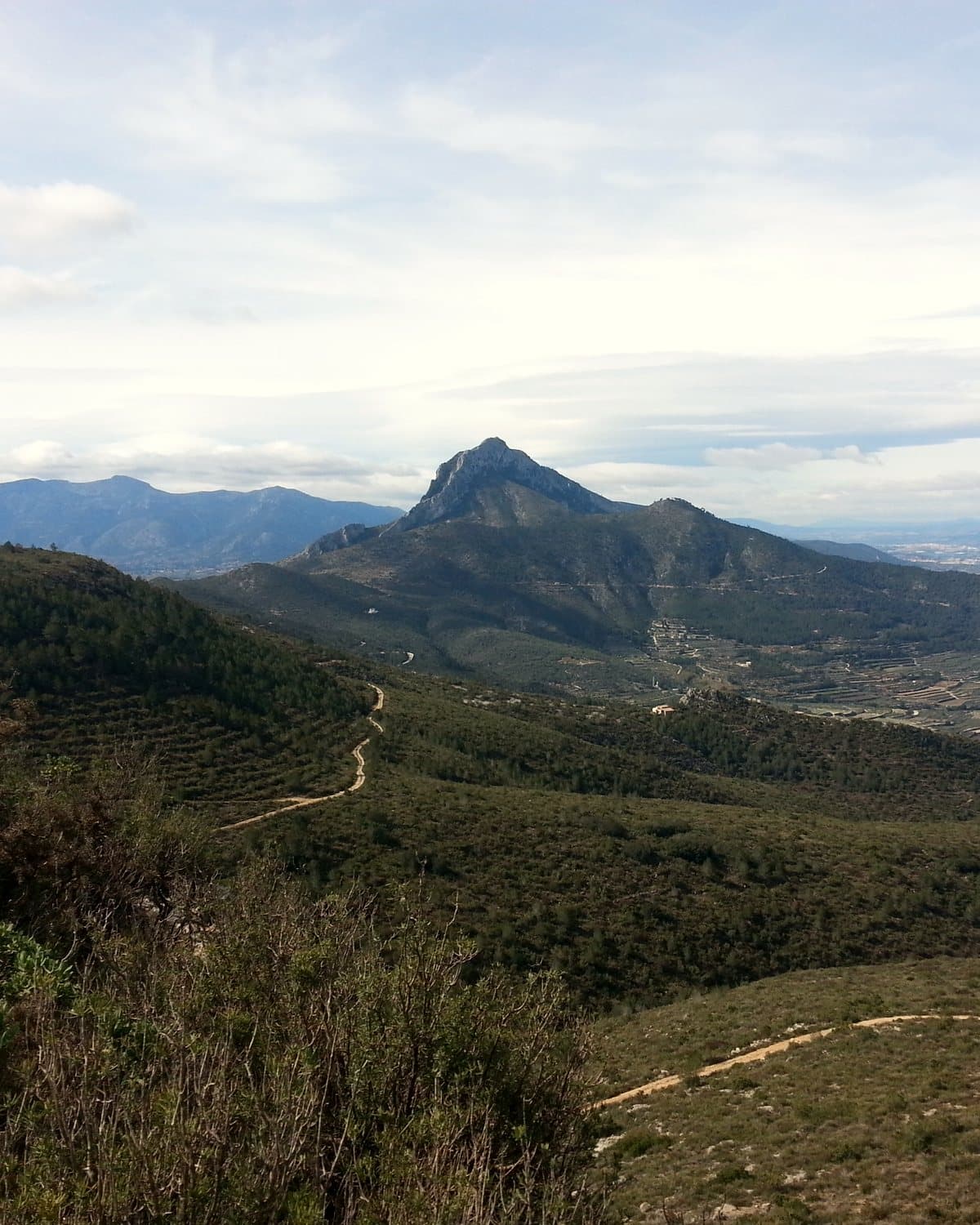 El pico del Benicadell visto desde el Castell de la Barcella, con pistas de tierra entre pinos y bancales